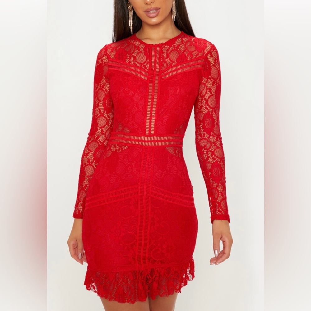 Pretty little thing long sleeve red lace dress